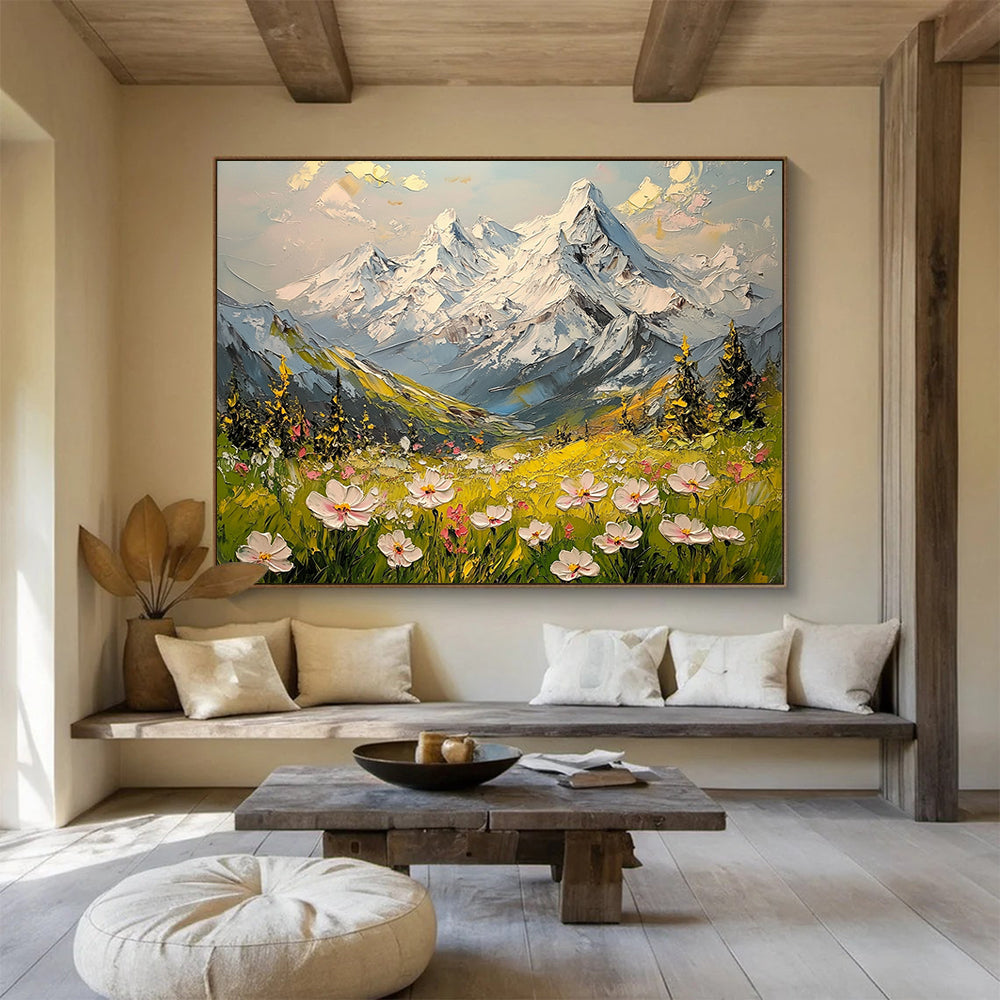“Snowy Peaks & Flower Fields” - Whites, Greens, Yellows, Snow - capped Mountains & Wildflowers - Impasto Oil Painting HB1596