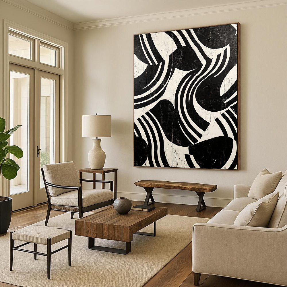Black and White Curved Stripes "Dynamic Rhythm" Painting On Canvas HB271
