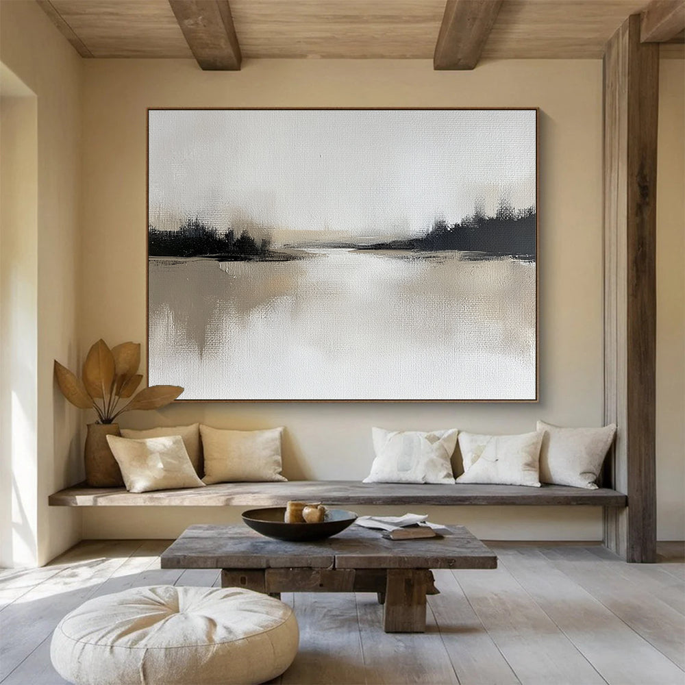 “Misty River in Monochrome” - Soft gray, deep black, beige, Minimalist Landscape Painting On Canvas HB0612