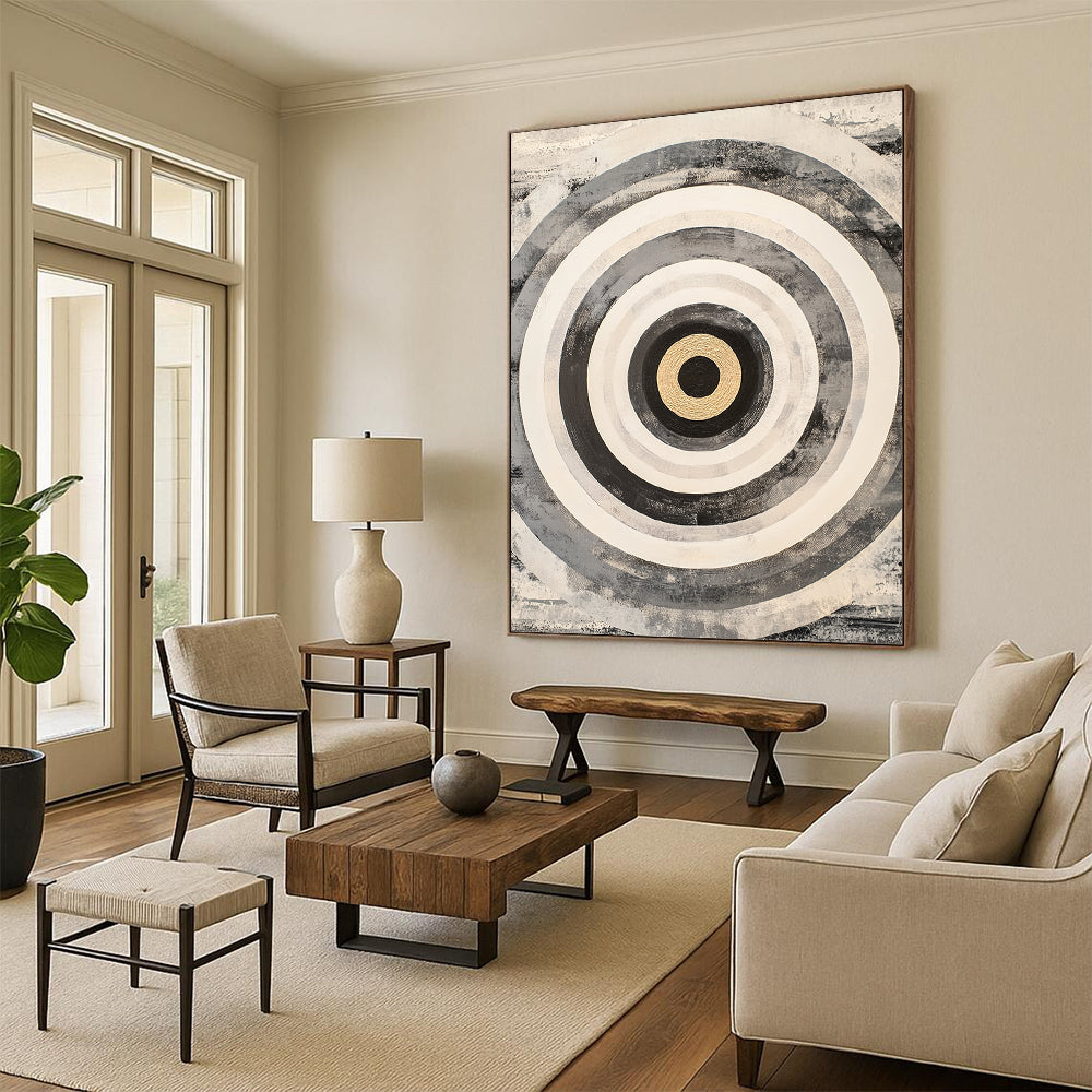 Black, White, Gray and Gold Concentric Circles "Subtle Vortex" Painting On Canvas HB382