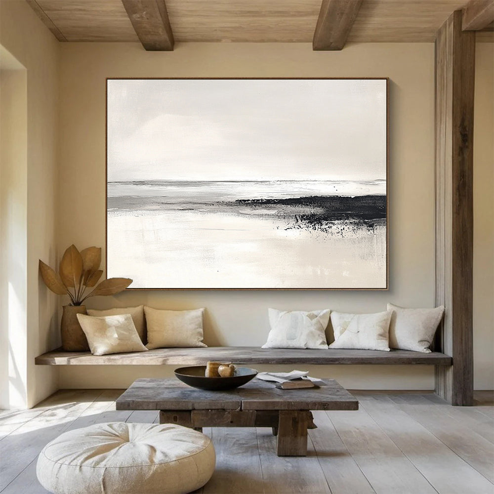 “Monochrome Coastline” - Black, White, Gray, Textured Shore and Calm Sea Painting On Canvas HB0932
