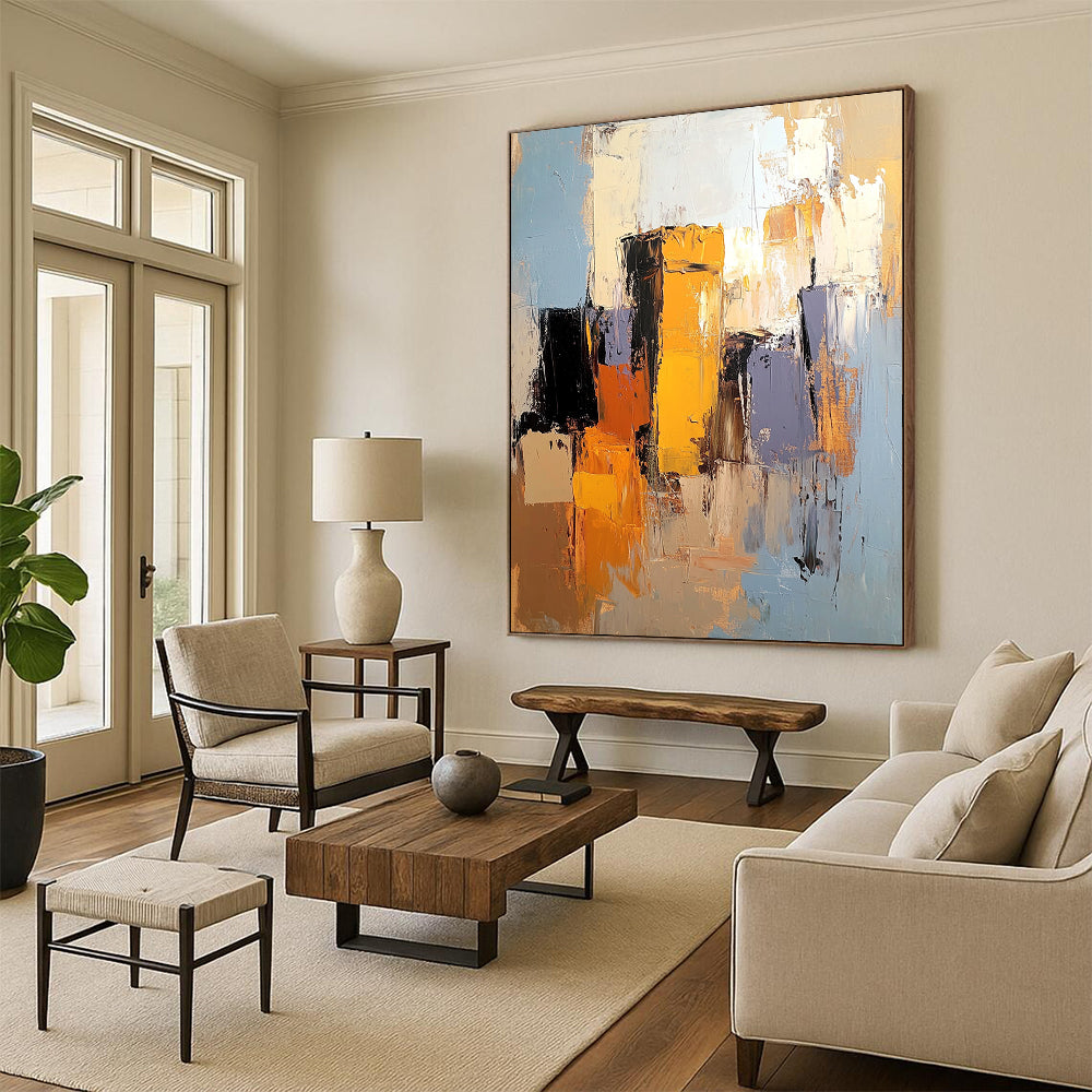 Contemporary abstract artwork showcasing the Alhambra in light blue, mustard yellow, and burnt sienna with gray and brown accents. DLZ0894