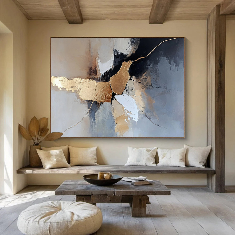 “Gold - Accented Abstract Forms” - Gold, Gray, White, Abstract Forms Painting On Canvas HB0995