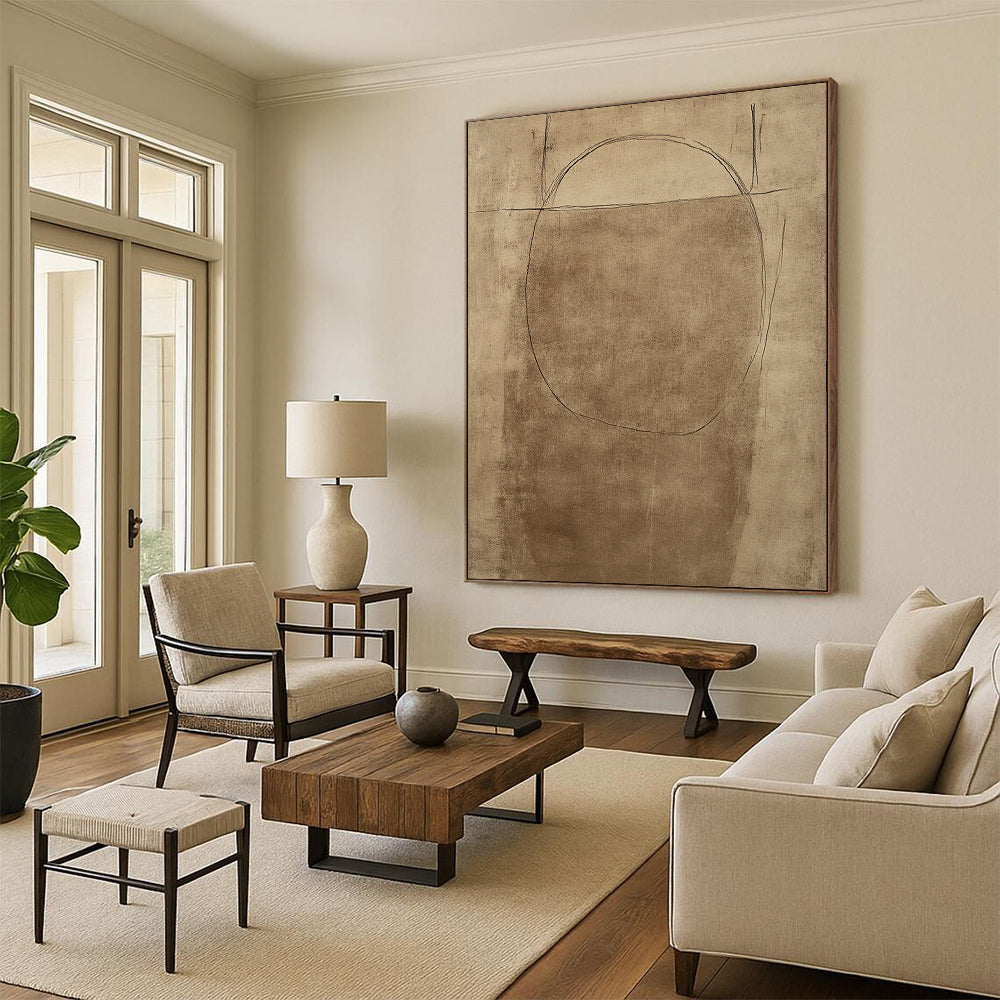 Contemporary hand-drawn abstract artwork showcasing a simplistic figure design with soft curves and a warm brown background. DLZ1469