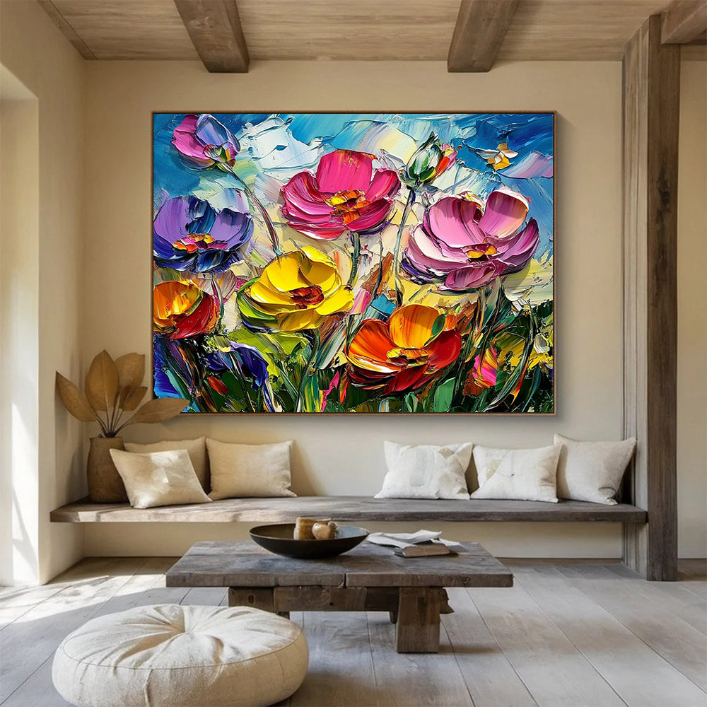 “Textured Colorful Poppy Field” - Pink, Purple, Yellow, Orange, Textured Poppy Blooms - Impasto Acrylic Painting HB1641