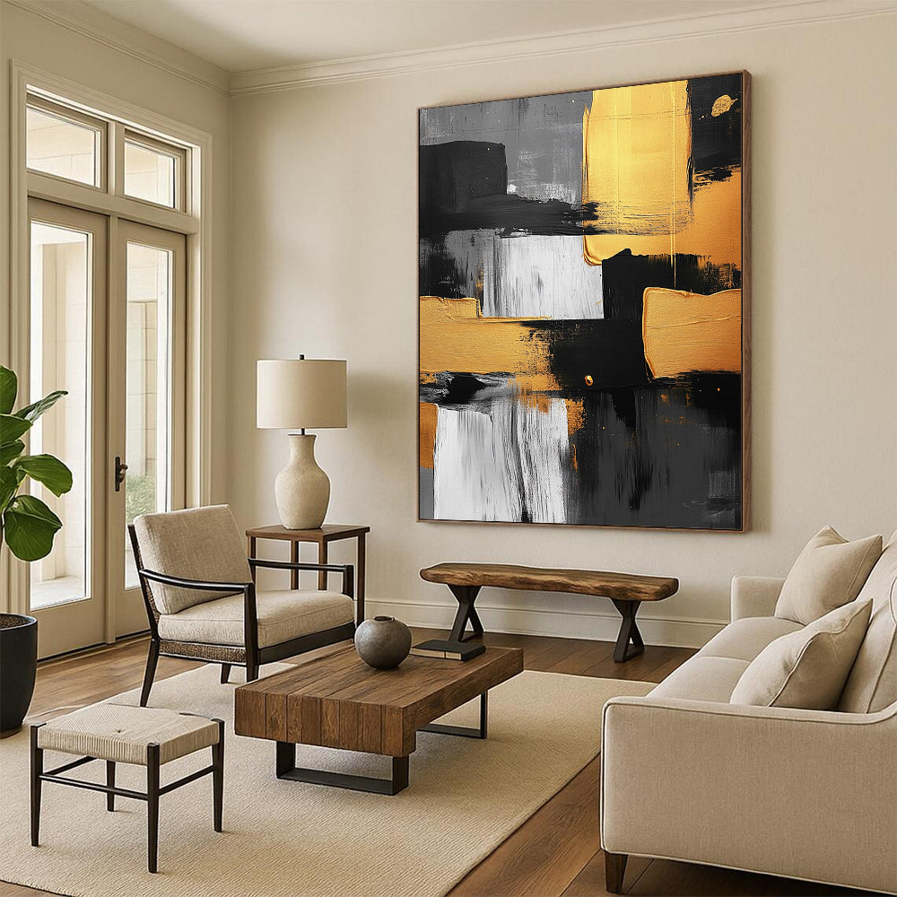 Contemporary abstract artwork featuring black white and yellow brush strokes with gold accents on a textured gray background and geometric shapes. DLZ1560