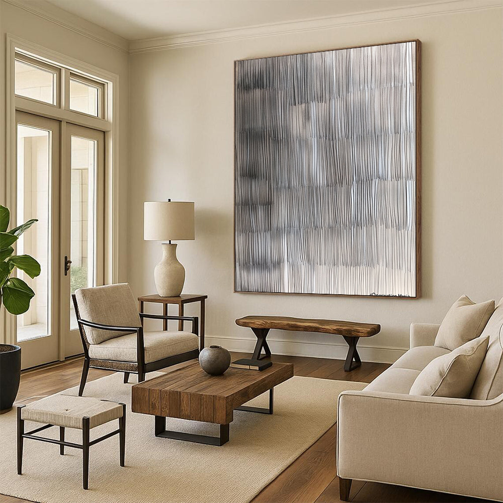 Contemporary hand-painted abstract artwork featuring intricate gray lines that mimic wood grain textures while blending realism and abstraction for a stunning visual depth. DLZ1253