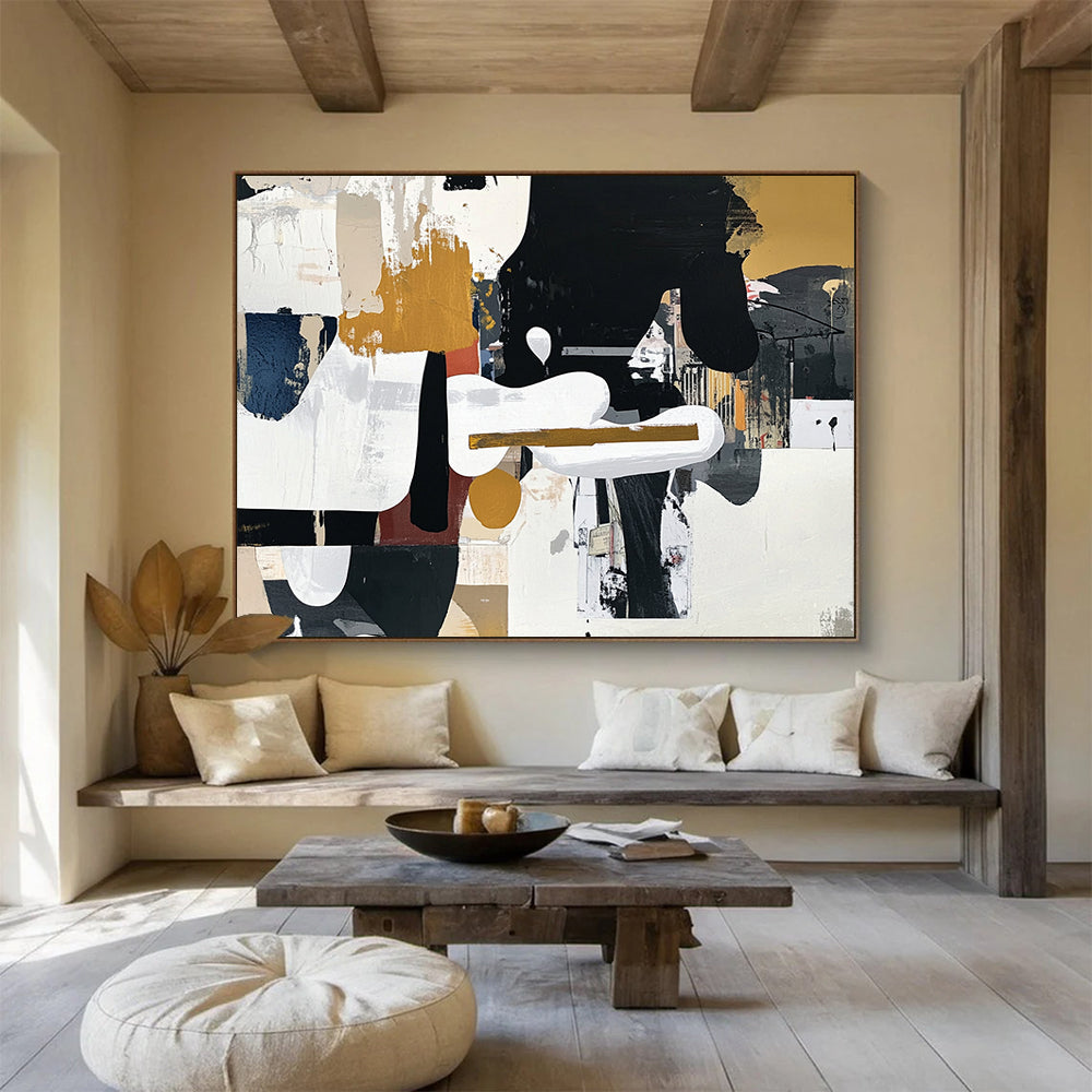 “Collage - like Abstract” - Black, White, Gold, Brown with Mixed Media - Abstract Mixed Media HB1360