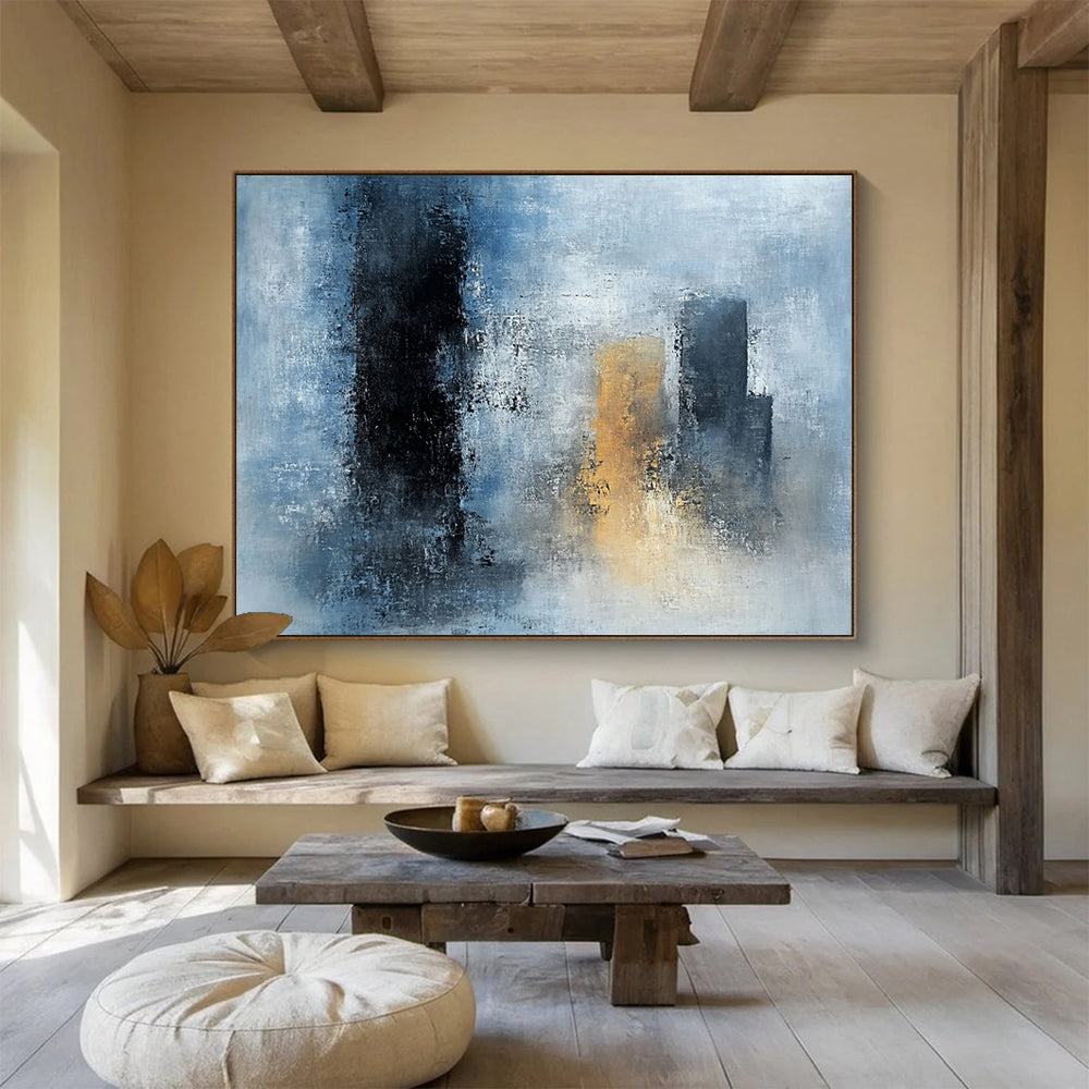 “Blue - Gray Abstract Urban Silhouettes” - Blue, Gray, Gold, City Shapes Painting On Canvas HB0840