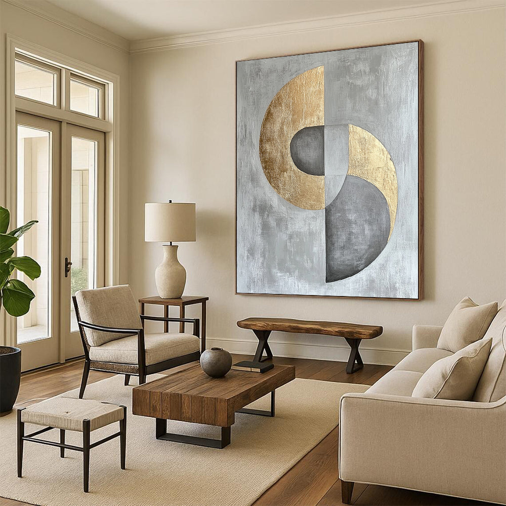 Gray, Silver and Gold Geometric Abstraction "Harmonious Circles" Painting On Canvas HB398