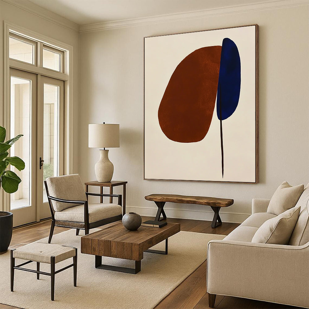 Contemporary hand-painted abstract art featuring simple brown and blue shapes on white, highlighting an oval and a space-inspired petal in a minimalist style. DLZ1310
