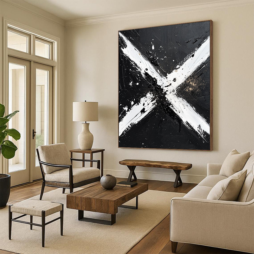 Black, White and Gold Abstract "Dynamic X" Painting On Canvas HB403