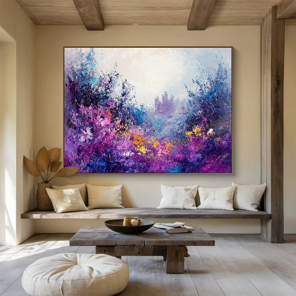 Purple - Hued Floral Fantasy with Castle - Dreamy Impasto Landscape Painting On Canvas HB0436