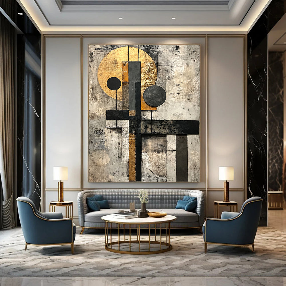 Gold, Black, Gray, White with Layered Shapes "Textured Harmony" Abstract Painting On Canvas HB002