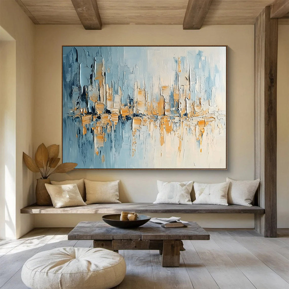 “Textured City Skyline” - Blue, Beige, White, Textured City Skyline Painting On Canvas HB0988