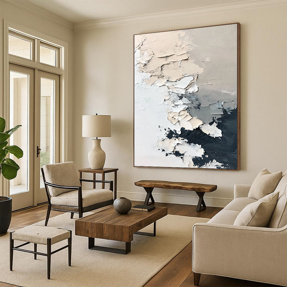 Abstract hand-painted contemporary art featuring textured icebergs and melting snowflakes in muted neutral colors with thick brush strokes on a minimalist white background. DLZ0426