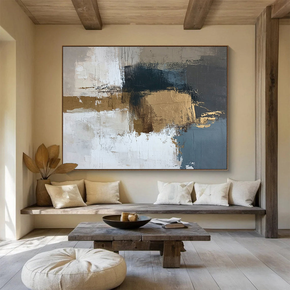 “Subtle Blends” - Beige, Blue, Gold, Textured Abstract Blocks Painting On Canvas HB1043