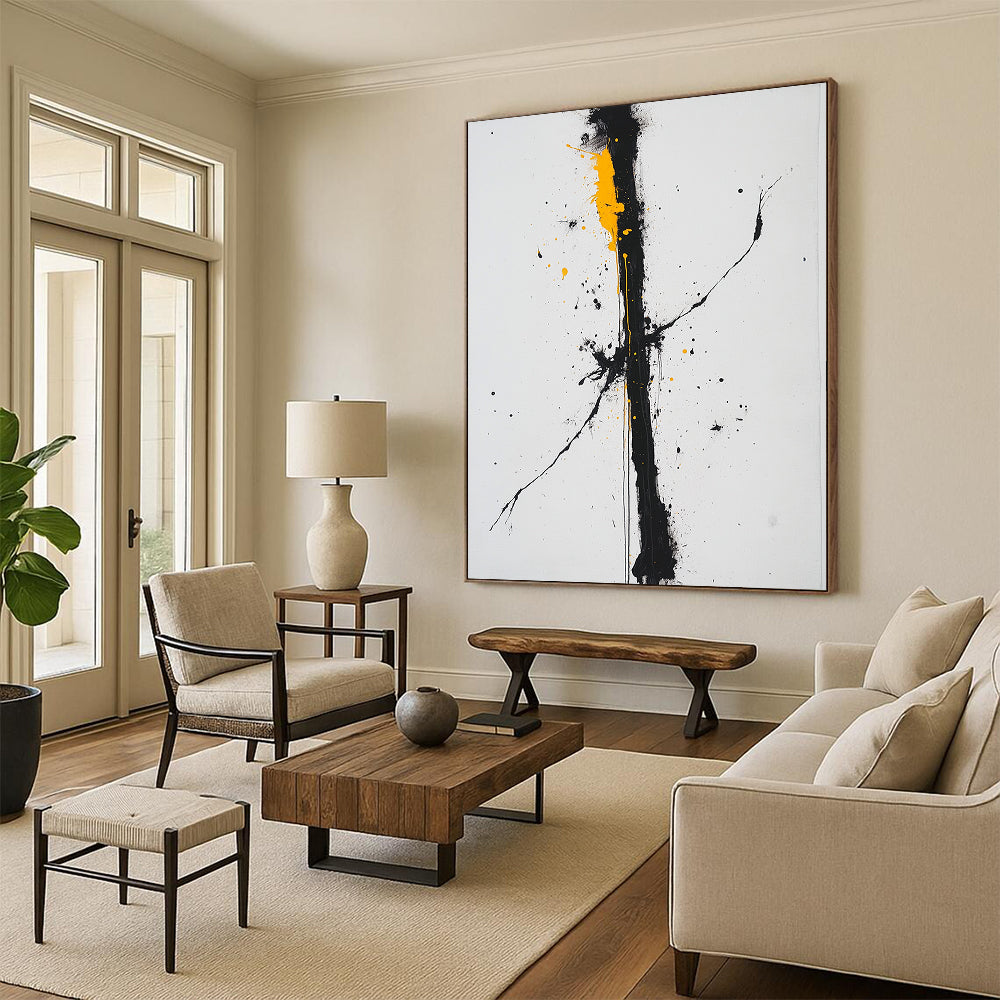 Black, White, Gray, Yellow, Bold Vertical Drip "Sunlit Chaos" Abstract Expressionist Painting On Canvas HB068