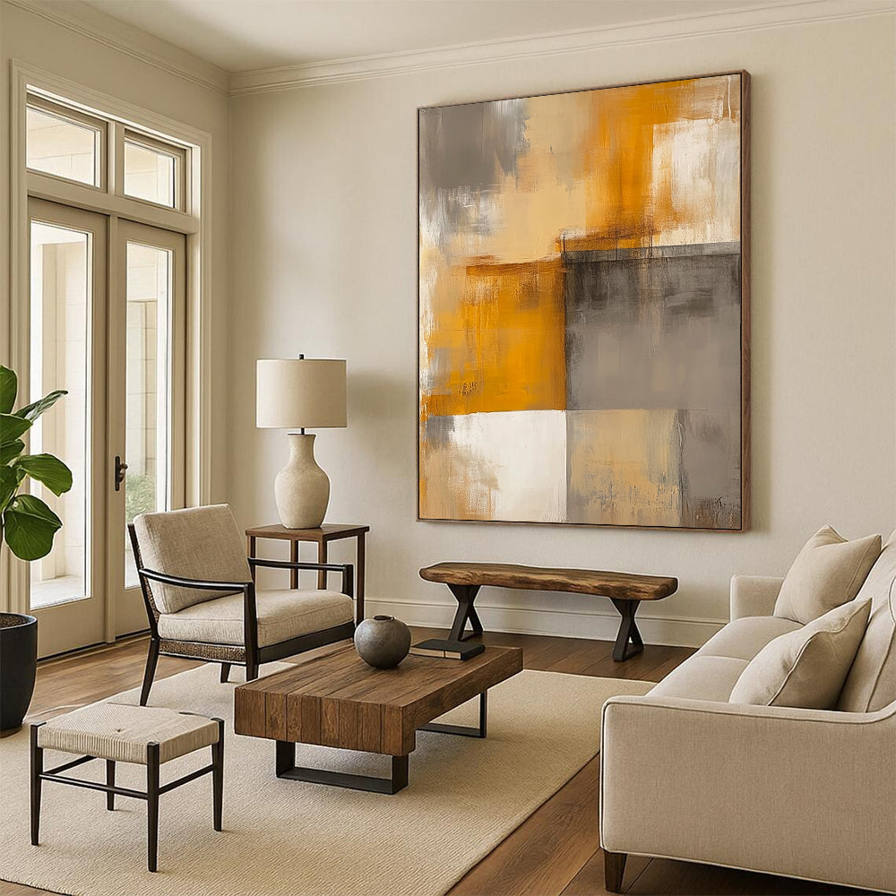 Contemporary hand-painted abstract art featuring faded beige and grey tones with warm yellow accents and simple geometric shapes. DLZ0516