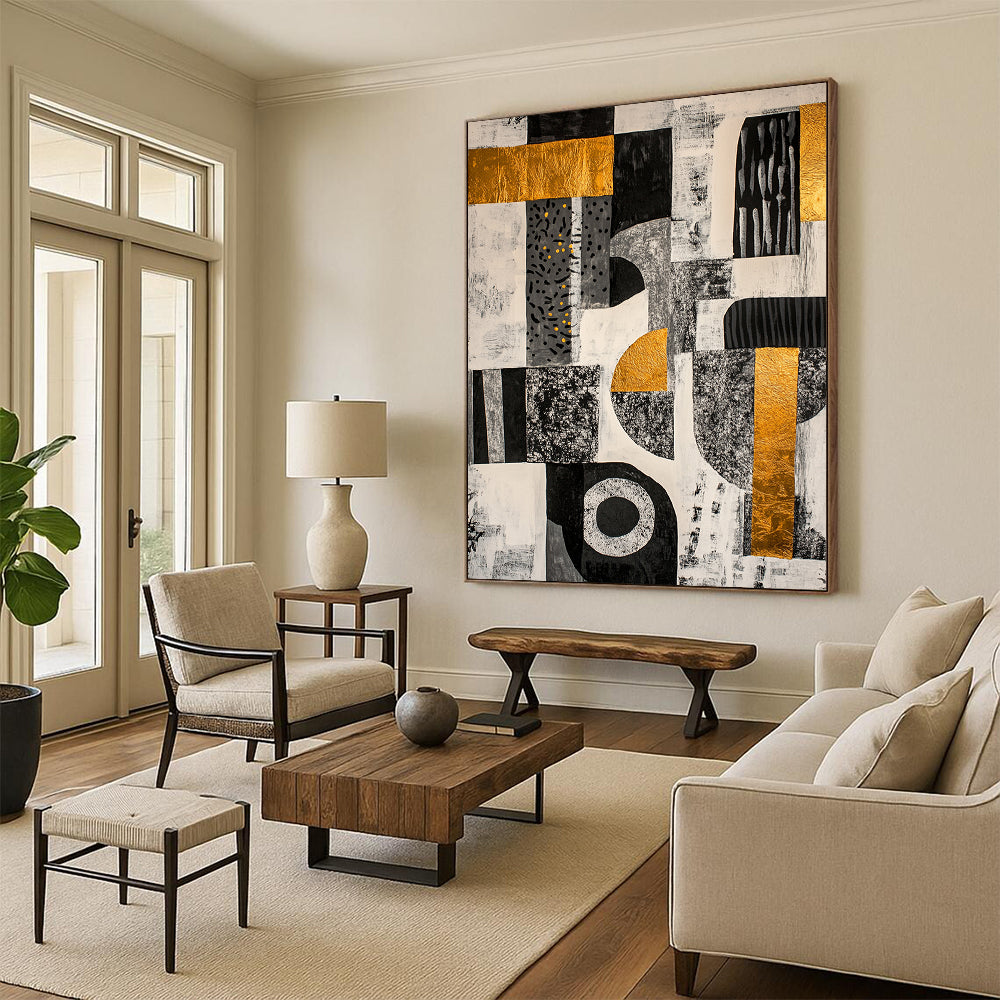 Black, White, Gray, Gold and Yellow Geometric Collage "Vibrant Mosaic" Painting On Canvas HB377