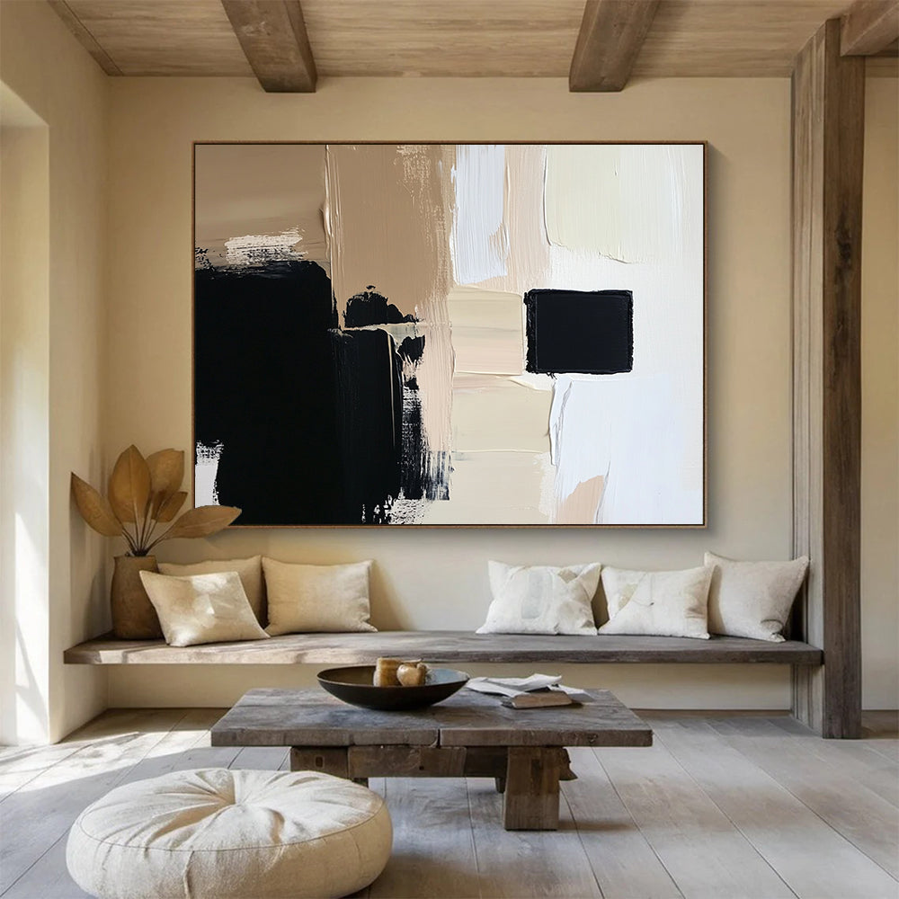 “Neutral Geometric Layers” - Beiges, Blacks, Whites, Abstract Geometric Shapes - Acrylic Painting HB1624