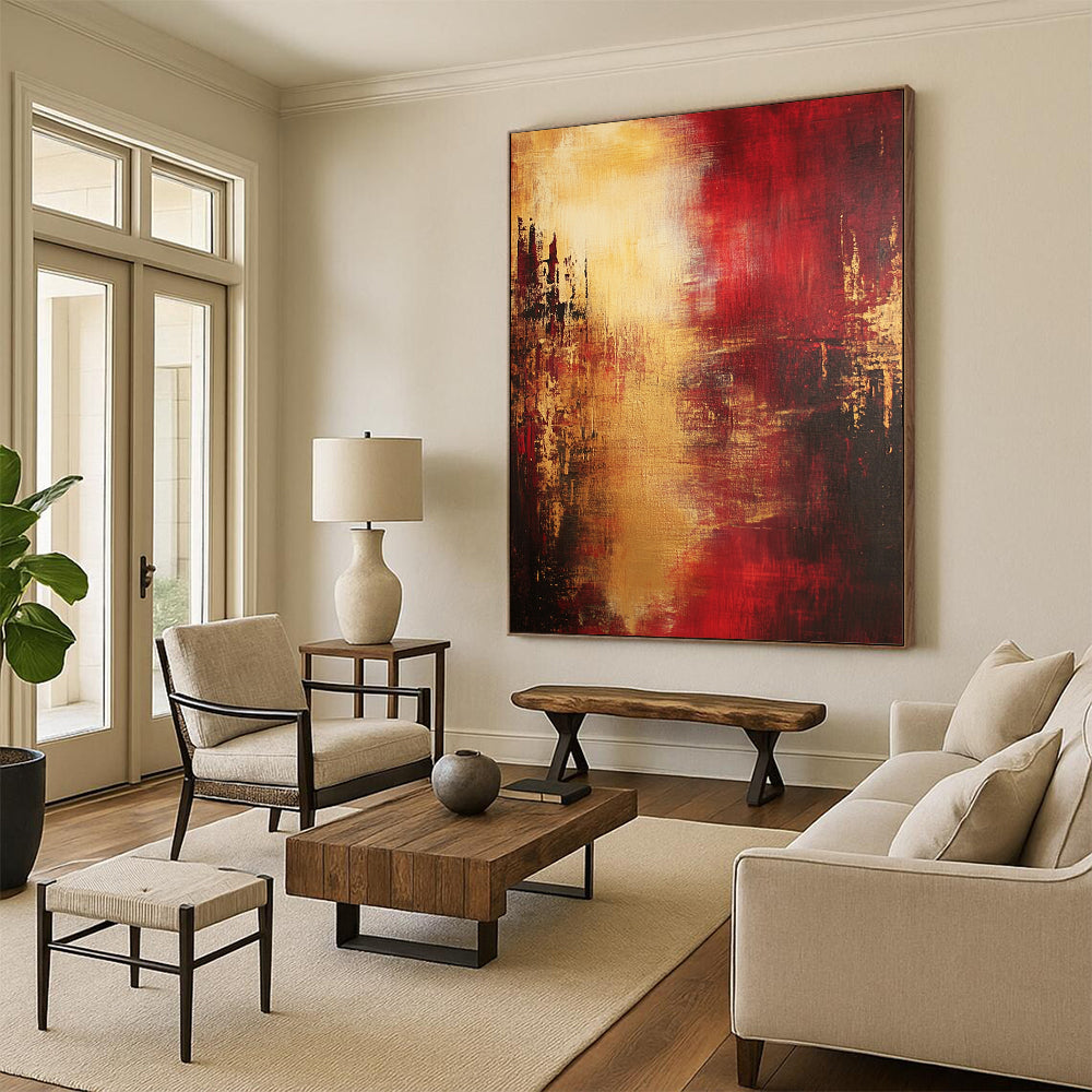 Contemporary hand-painted abstract artwork features atmospheric reds and yellows with an impressionistic cityscape embodying emotional depth and dramatic lighting. DLZ0693