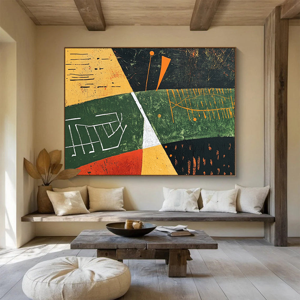 “Geometric Landscape Abstract” - Green, Yellow, Orange, Black, White, Geometric Fields, Symbols - Painting On Canvas HB1445