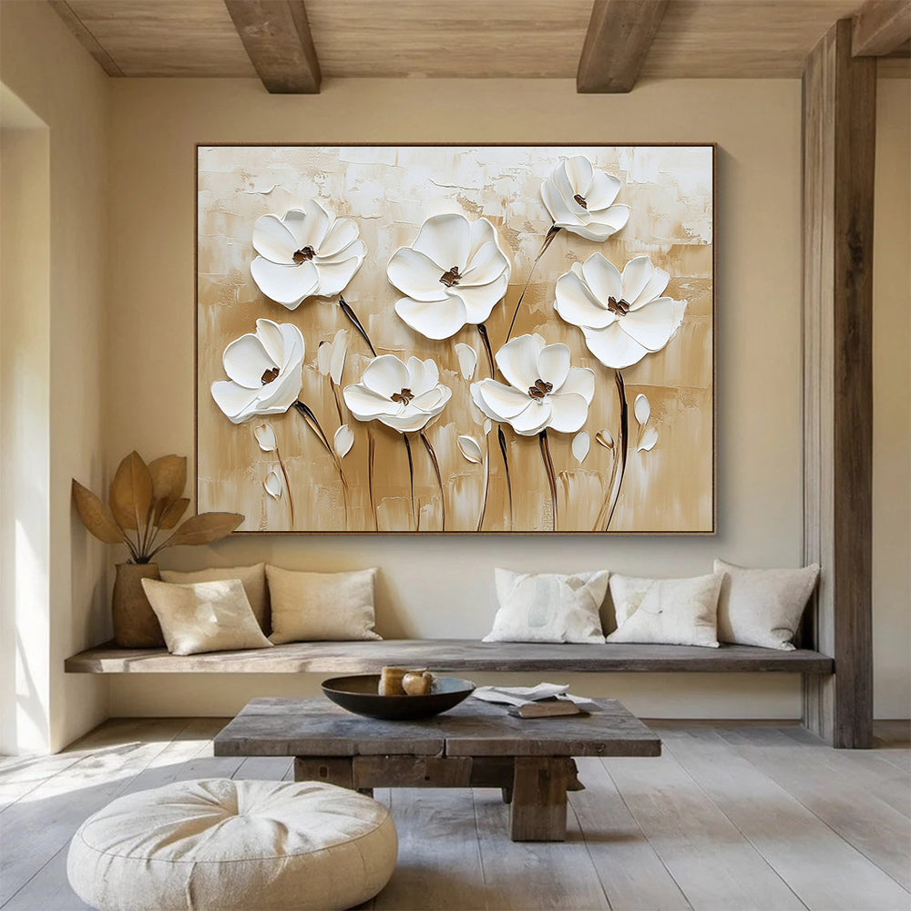 3D White Flowers on Beige - Textured Floral Relief Painting On Canvas HB0426