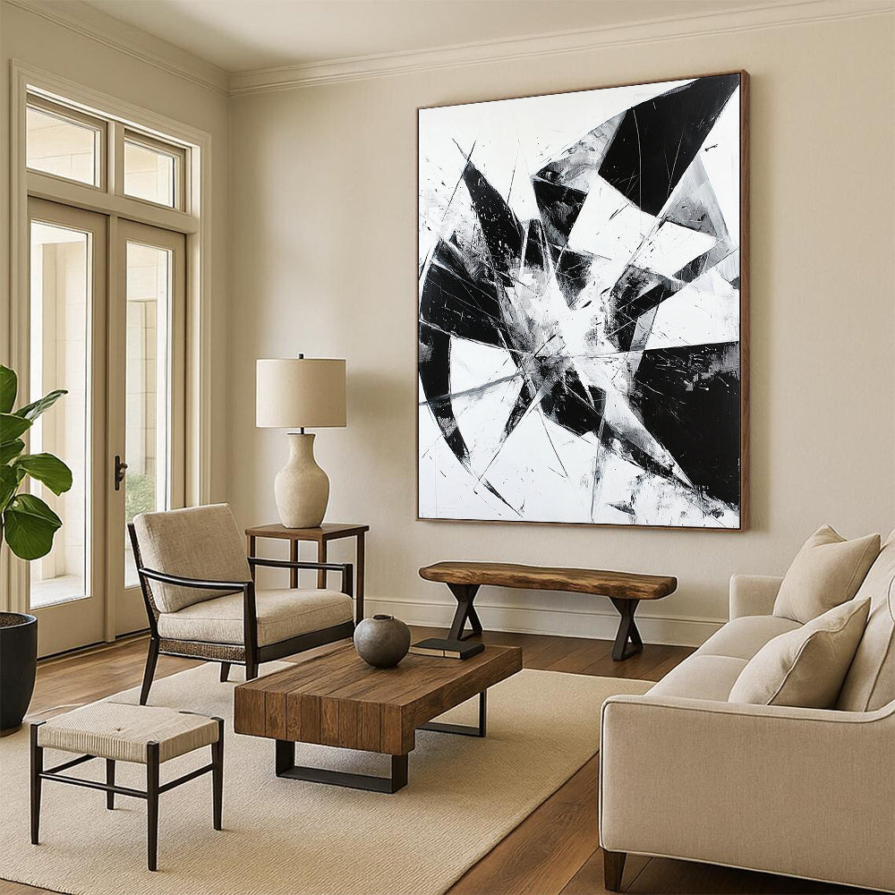 Black and White Geometric Shards "Broken Order" Painting On Canvas HB268