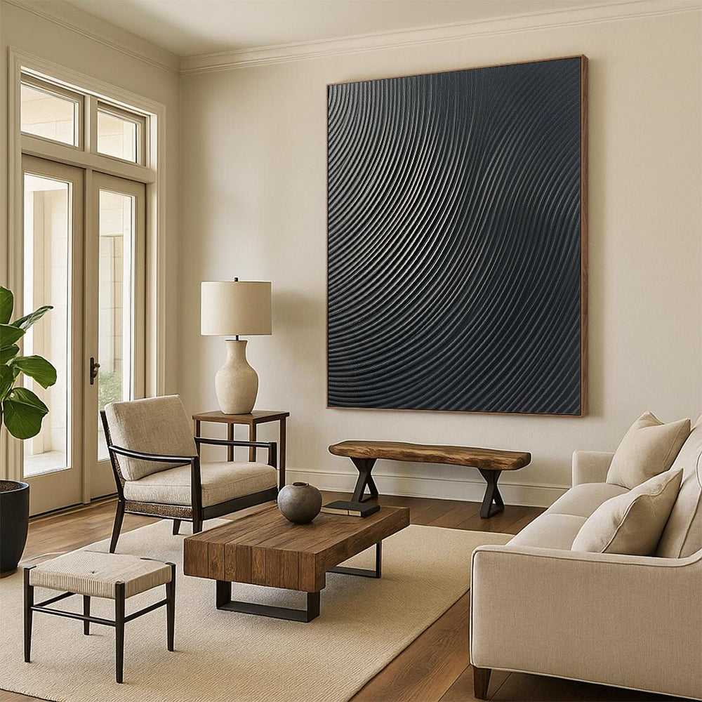 Contemporary abstract wall art features a glossy dark gray surface with sleek vertical lines creating an eye-catching wave pattern for any modern space. DLZ1149