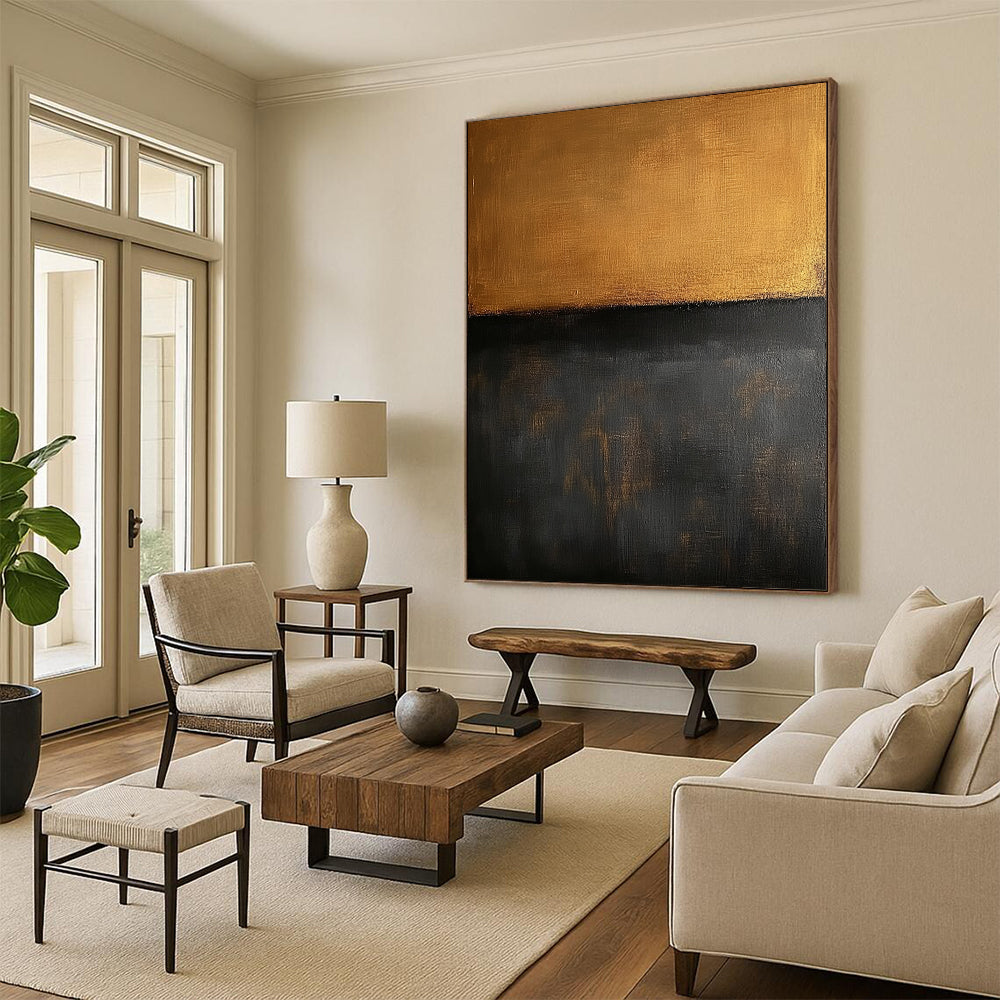 Contemporary large hand-painted abstract art features a minimalist brown and dark gray oil on canvas background in the style of Mark Rothko. DLZ0700