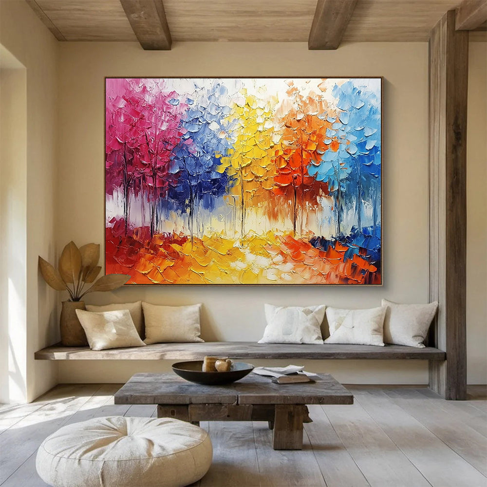 “Colorful Textured Forest” - Colorful Palette, Textured Tree Landscape Painting On Canvas HB0856