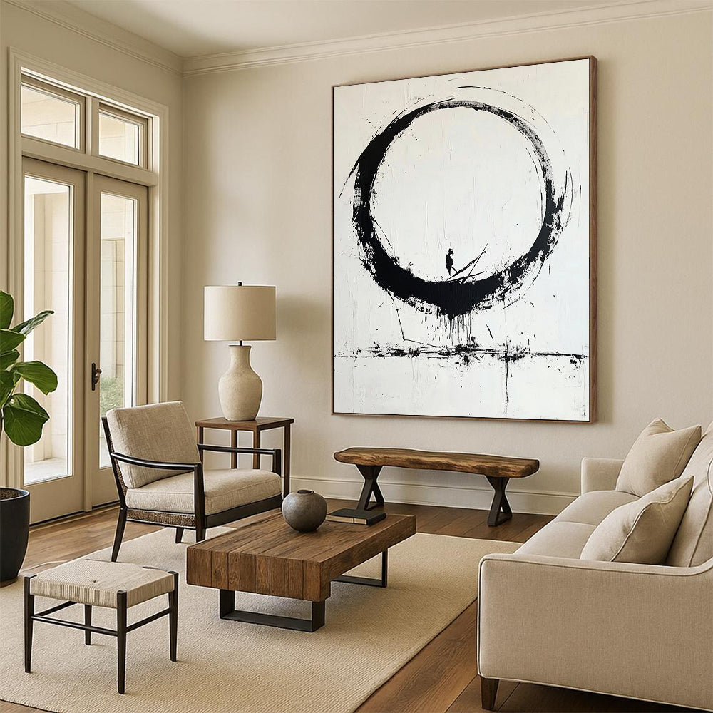 Black Circular Brushstroke with Figure - “Enso Journey” Painting On Canvas HB244