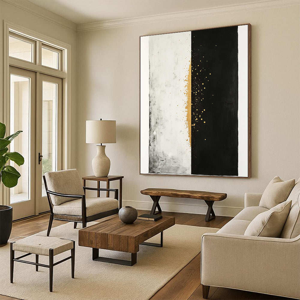 Black, White & Gold Split Dots - “Celestial Divide” Painting On Canvas HB194