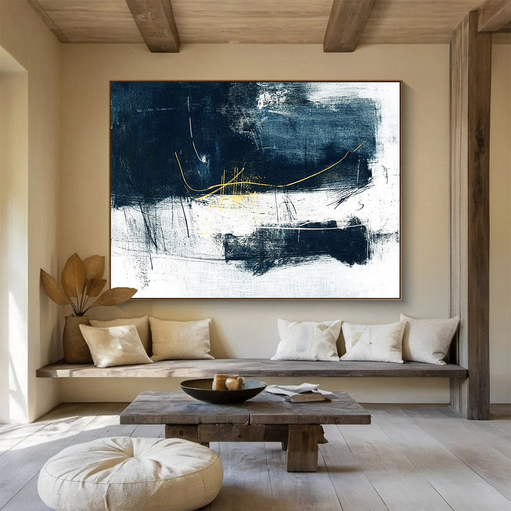 “Navy - Gold Abstract Strokes” - Navy, Gold, White, Black with Expressive Lines - Abstract Acrylic HB1365