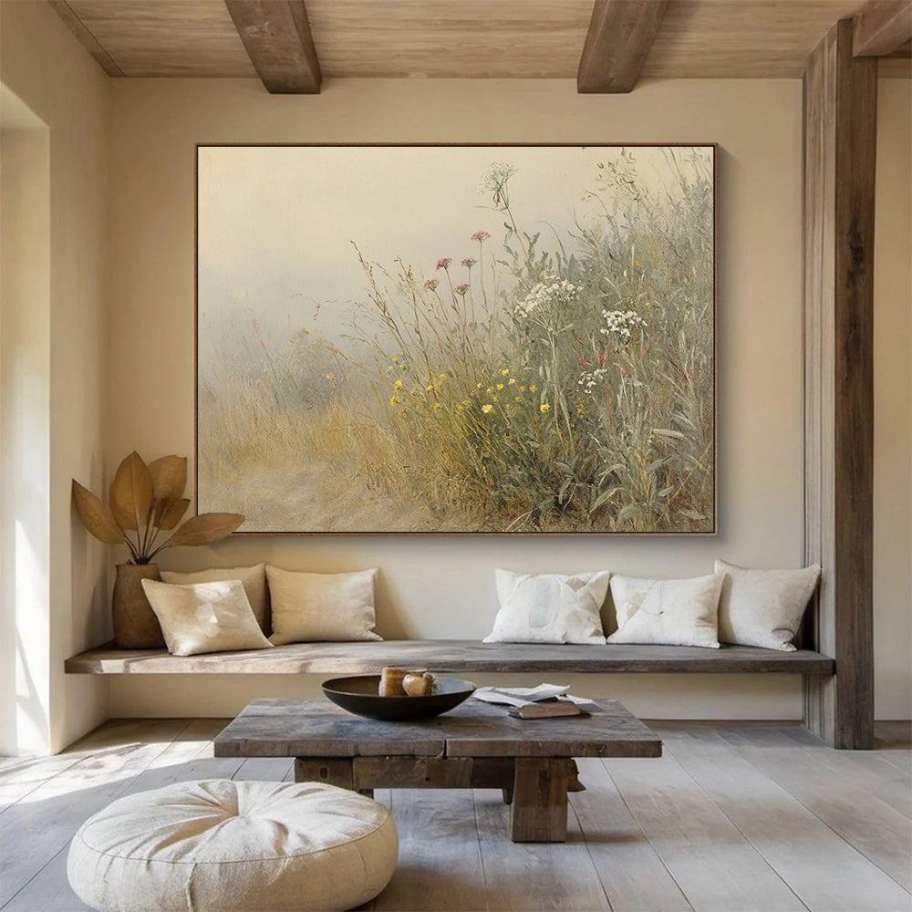 “Misty Meadow Wildflowers” - Beige, Gray, Pink, Yellow, White, Hazy Field of Flowers - Impressionistic Oil Painting HB1772