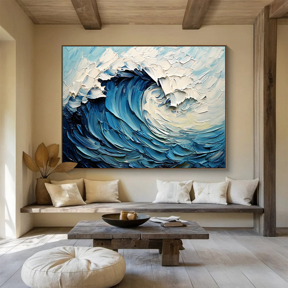 “Thick - Textured Blue Wave” - Blue, White, Swirling Wave, Ocean - Impasto Oil Painting HB1679