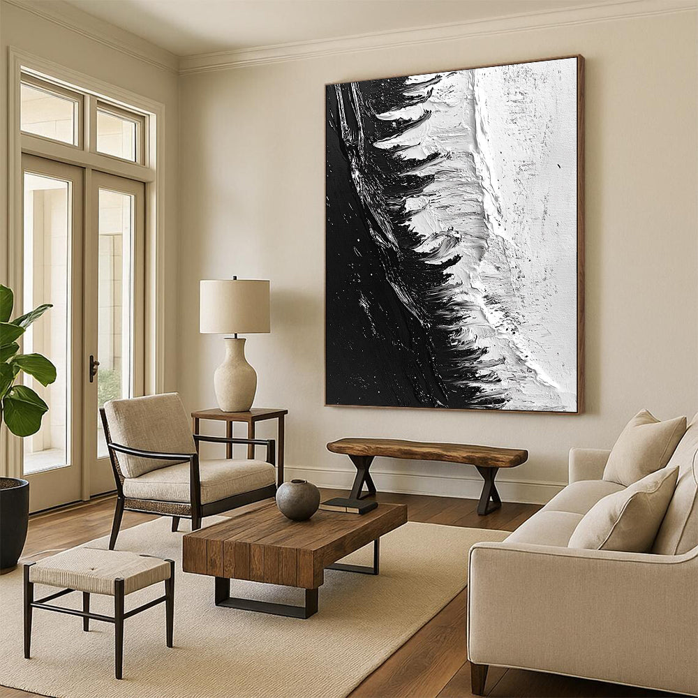 Contemporary abstract painting featuring dynamic black and white ice shelf with heavy brush strokes and a photorealistic oil finish. DLZ0307