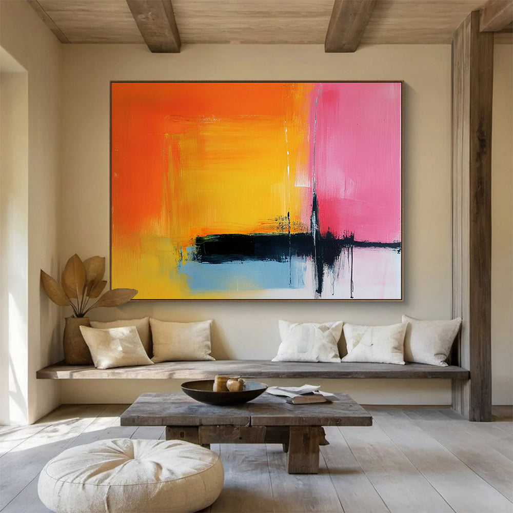“Orange, Pink, and Blue Abstract Color Blocks” - Orange, pink, blue, yellow, black; Abstract color blocks with drips; Acrylic Painting On Canvas HB1225