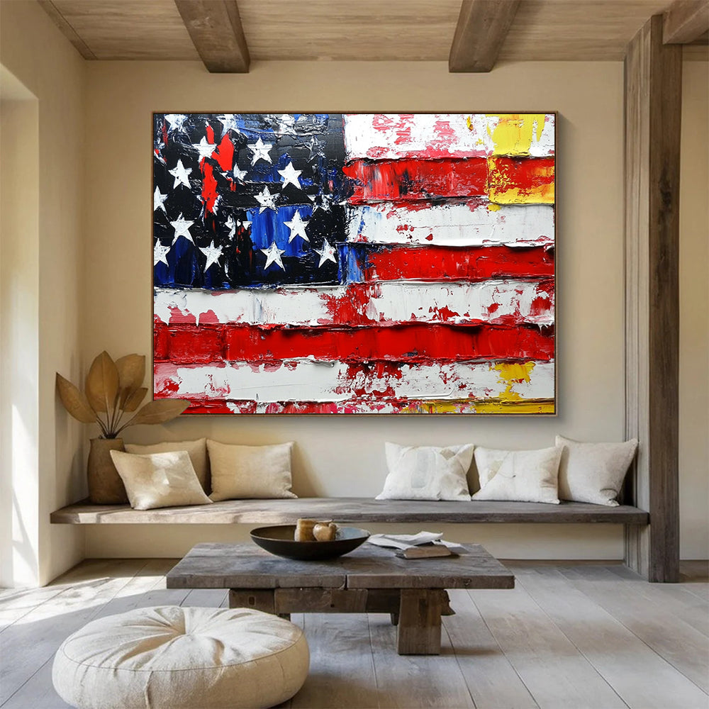 “Textured Flag Tribute” - Red, white, blue, yellow; Thick, weathered strokes on an American flag; Palette Knife Oil Painting On Canvas HB1174