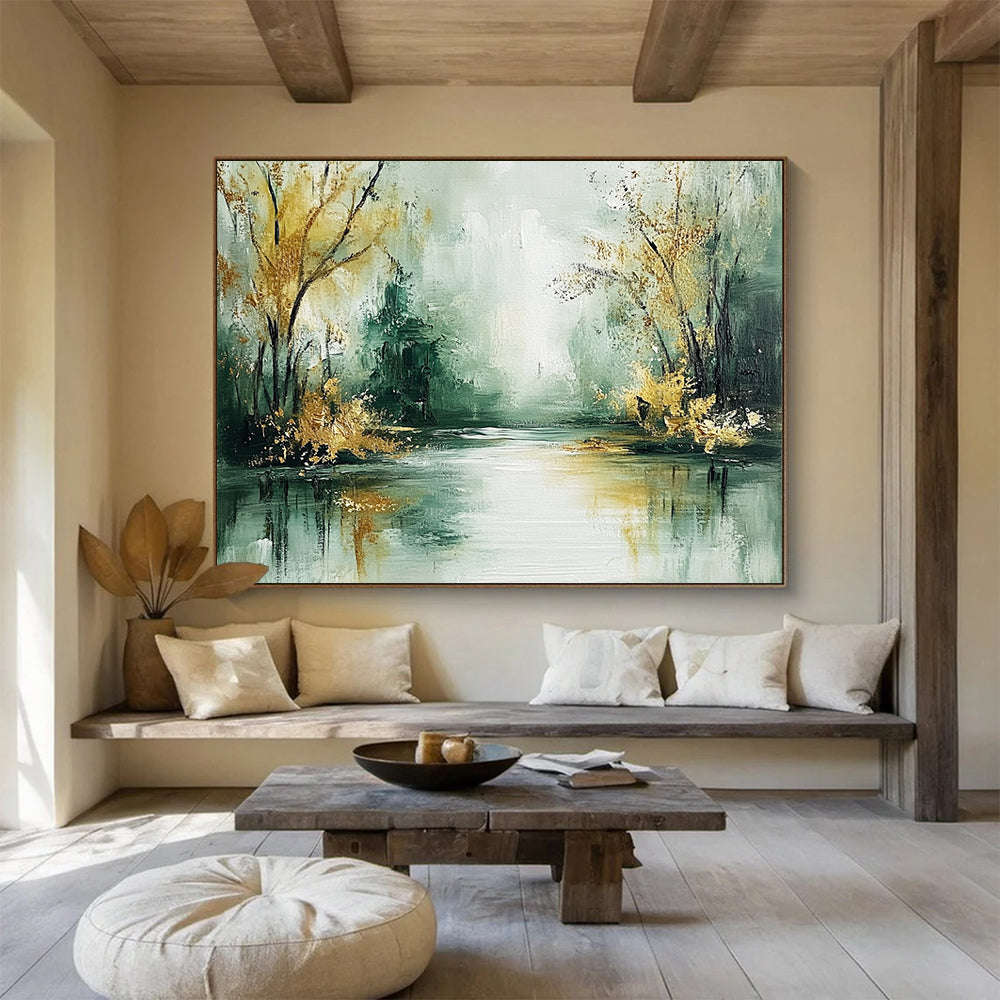 “Misty River with Golden Trees” - Green, gold, gray; Abstract river and trees; Impressionistic Oil Painting On Canvas HB1195