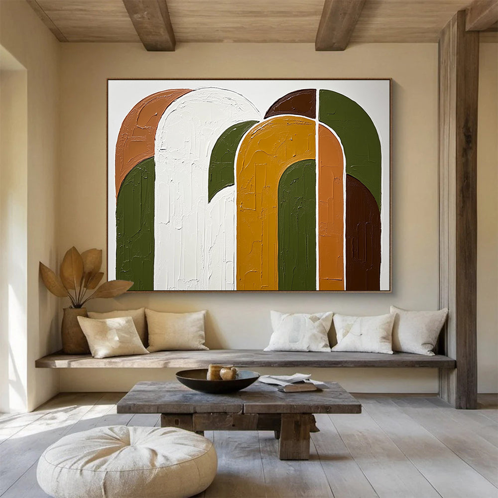 “Textured Color Arches” - Green, orange, white, brown, Textural Abstract Painting HB0623