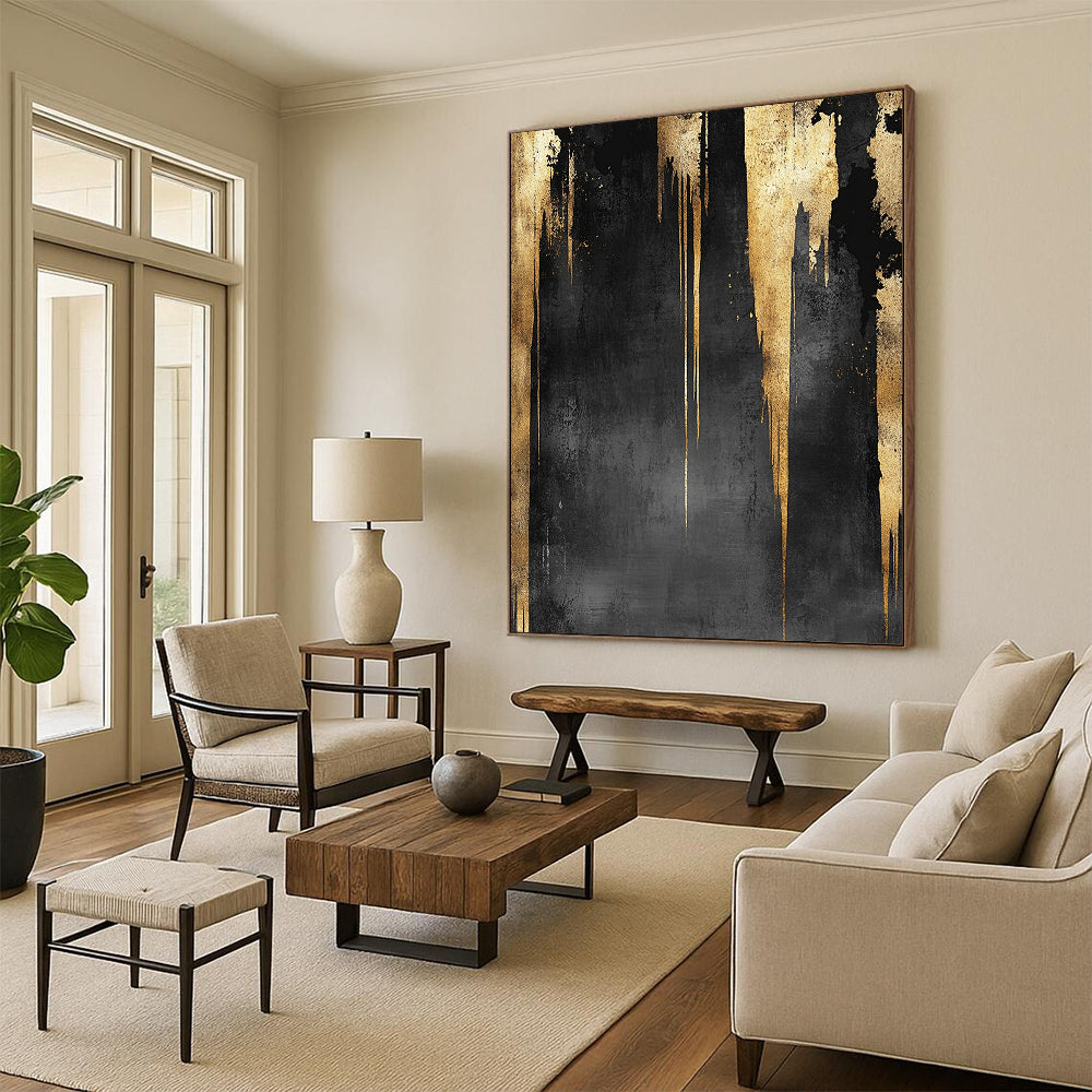 Black, Gray & Gold Dripping Panels - “Monochrome Gilded Falls” Painting On Canvas HB199