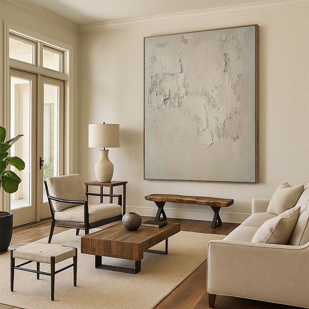 Contemporary hand-painted abstract artwork featuring a textured beige wall with intricate white patterns, capturing the beauty of weathered cement in muted tones. DLZ1115