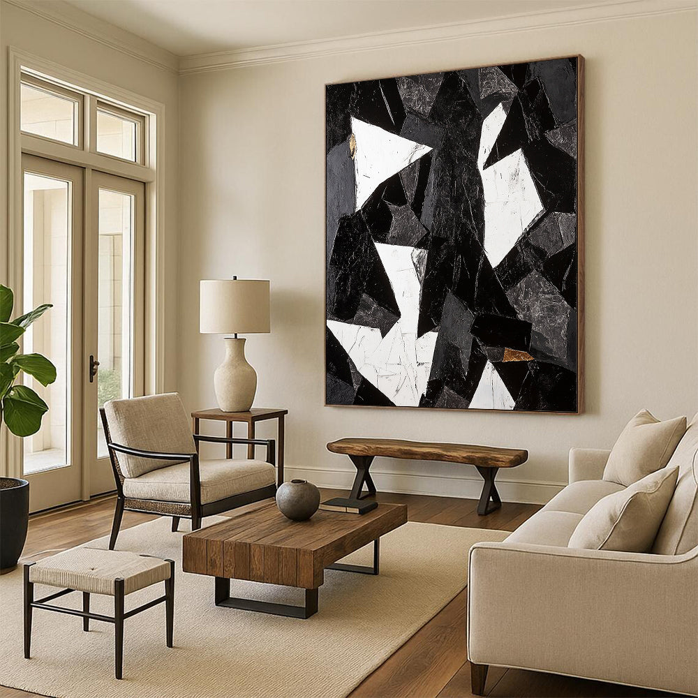 Black, White, Gray and Gold Abstract Shards "Broken Harmony" Painting On Canvas HB343