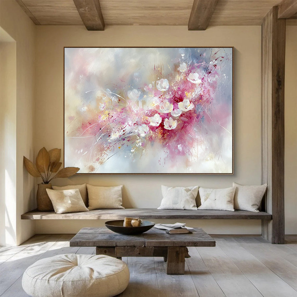 “Blush Floral Burst” - Pink, White, Gray, Abstract Flowers - Oil Painting HB1481