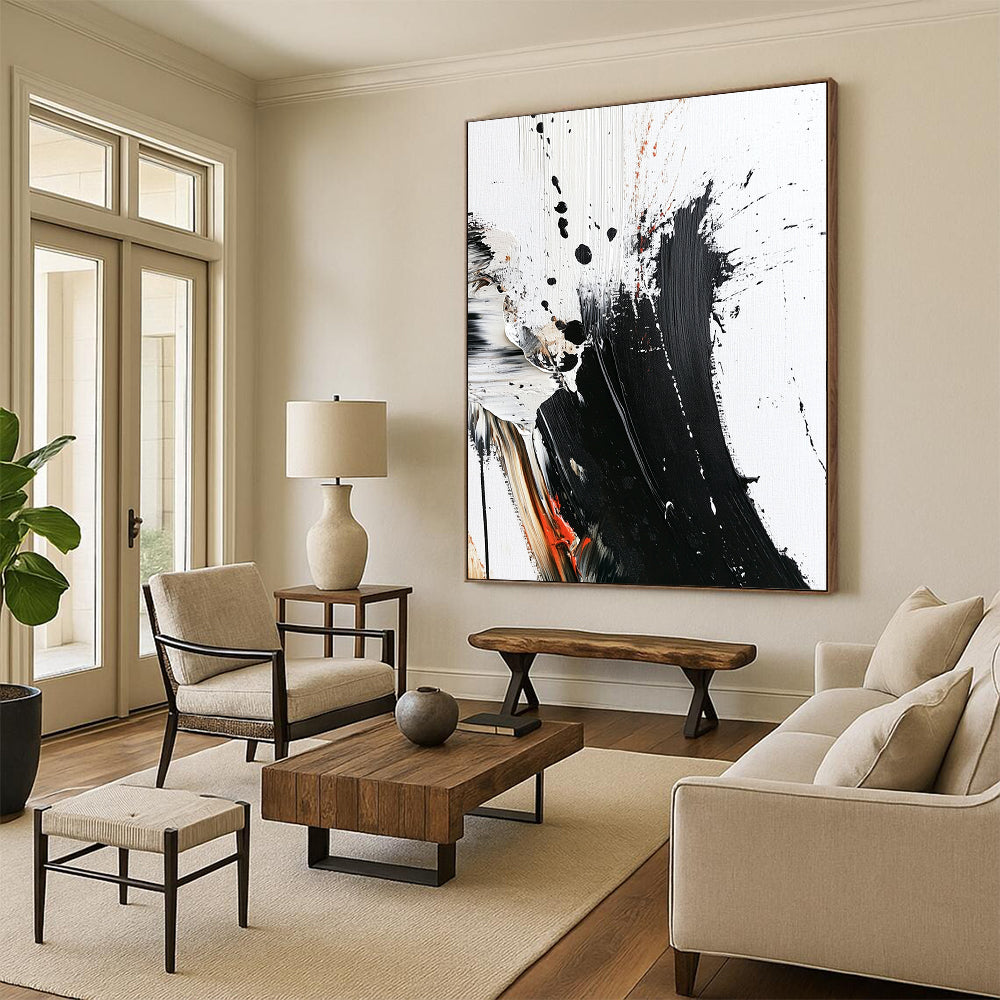 Contemporary abstract painting with bold brush strokes thick texture and striking color splashes on white canvas minimalistic design high contrast art piece. DLZ0312