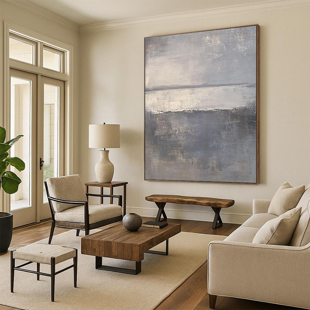 Large contemporary hand-painted abstract art featuring soft gray and white hues with tranquil sea elements creating a serene and calming atmosphere. DLZ0281