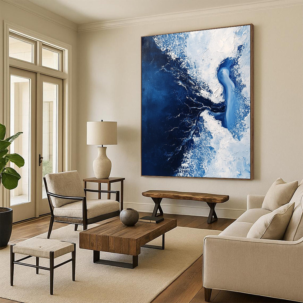 Contemporary abstract painting features a dark blue sea with white foam and an ice woman submerged within flowing water in minimalist style. DLZ0649
