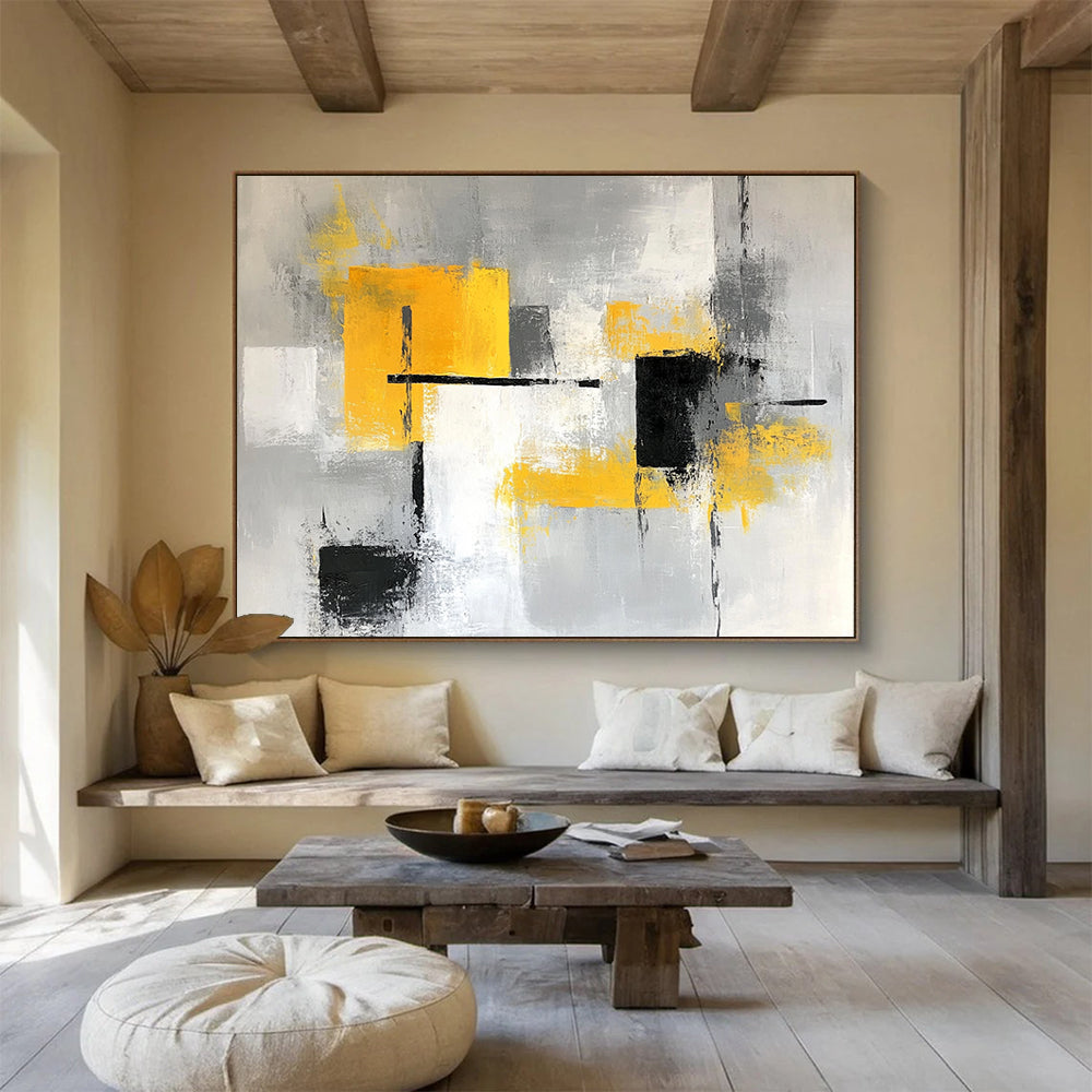 “Gray and Yellow Geometric Abstract” - Gray, Yellow, Geometric Shapes Painting On Canvas HB0887